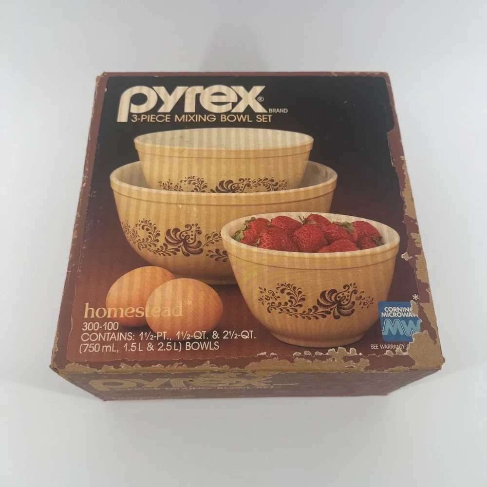 Vintage Pyrex Homestead Milk Glass 3 Piece Mixing Bowl Set in Box Brown Floral